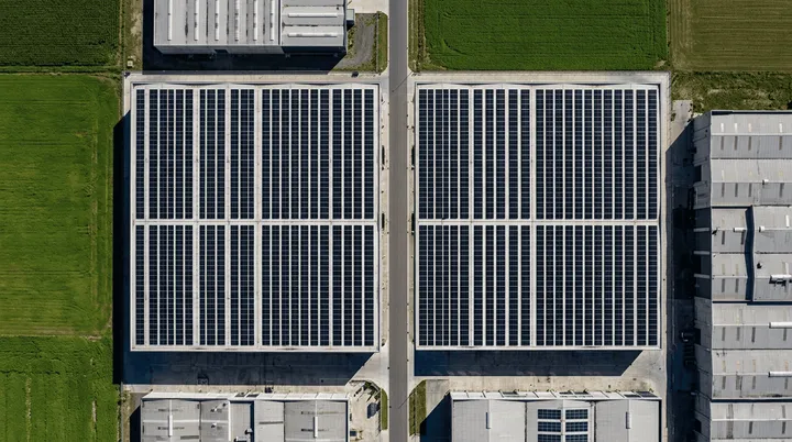 Photovoltaik für Unternehmen Große Solaranlage auf einem Industriedach
