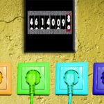 Stromzähler, der Stromverbrauch misst. Darunter befinden sich vier Steckdosen mit Steckern in Orange, Grün, Blau und Lila